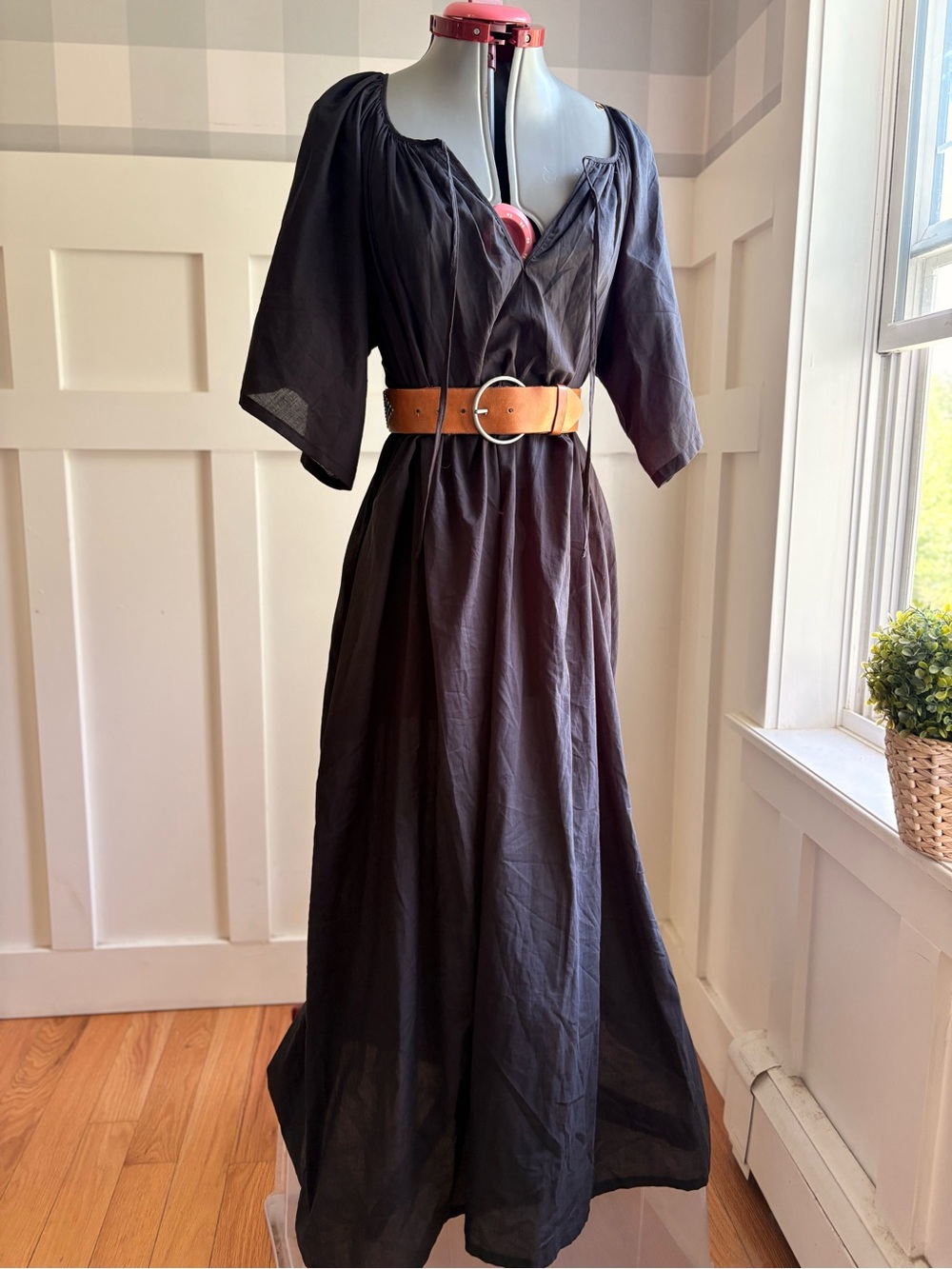 Le Petit Trou Black V-Neck Maxi Dress with Tan Belt - Picture 8 of 12